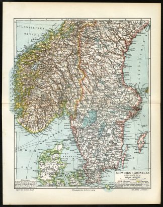 Antique Map-SOUTH SCANDINAVIA-NORWAY-SWEDEN-Meyers-1895
