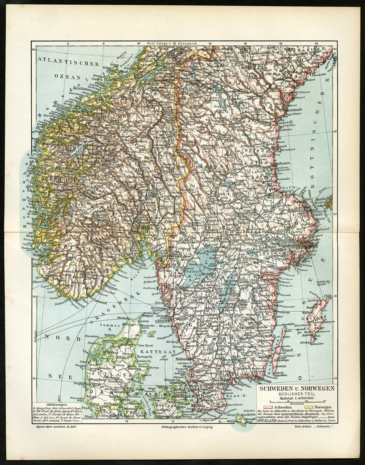 , Antique Map-SOUTH SCANDINAVIA-NORWAY-SWEDEN-Meyers-1895, Pictura Antique Prints
