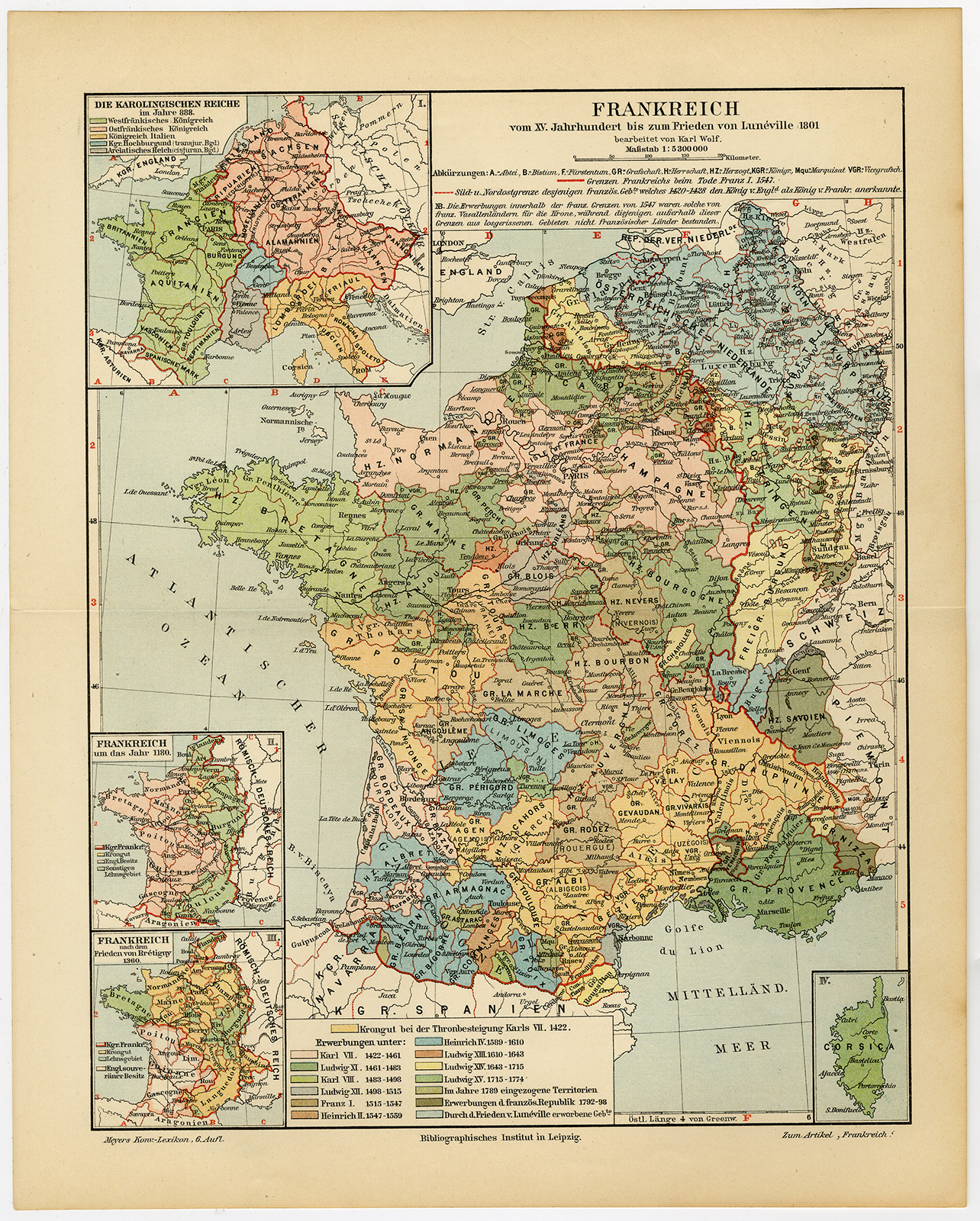 , Antique Map-FRANCE-HISTORY-Meyers-1895, Pictura Antique Prints