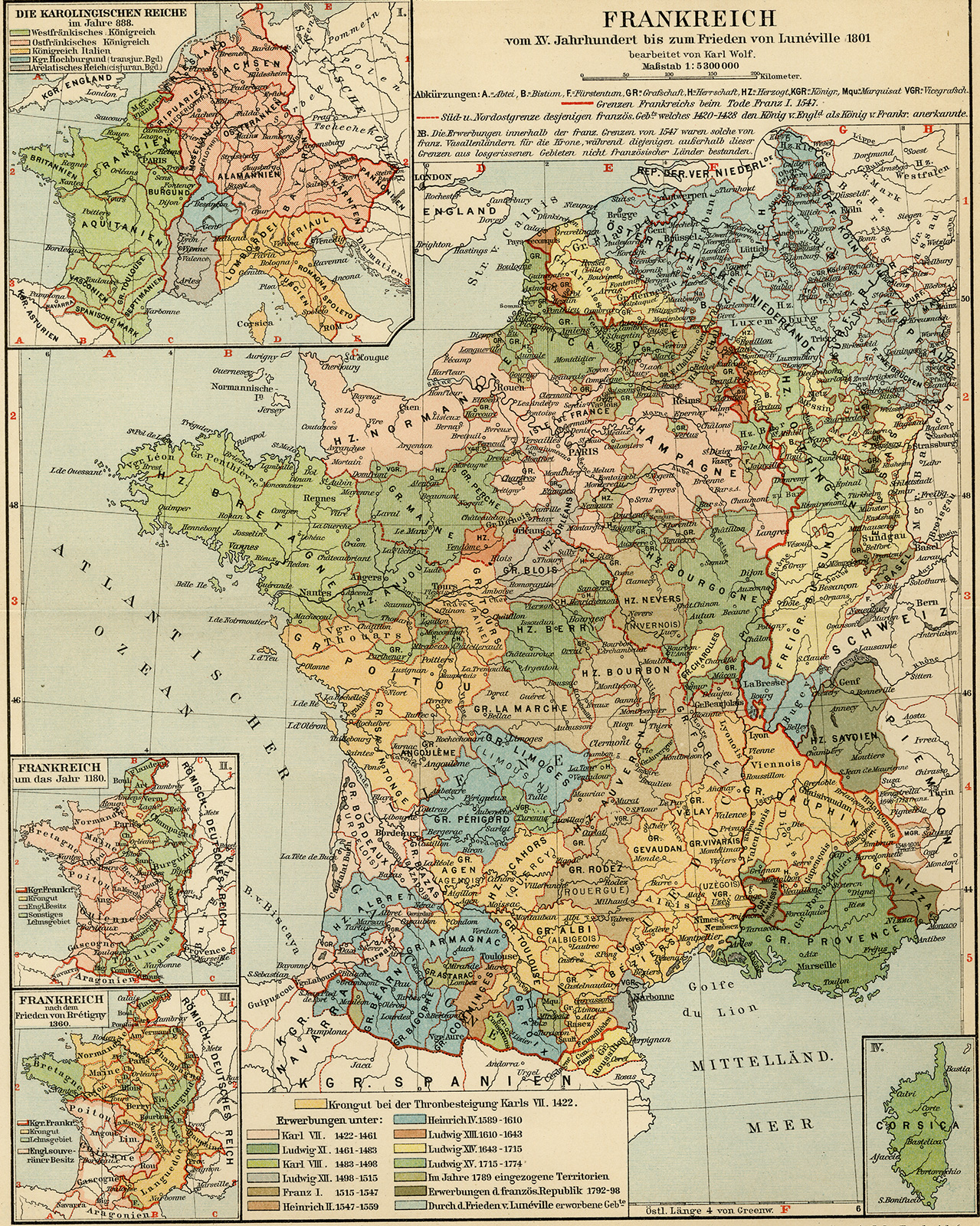 , Antique Map-FRANCE-HISTORY-Meyers-1895, Pictura Antique Prints