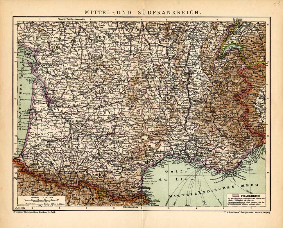 , Antique Map-CENTRAL-SOUTHERN FRANCE-Meyers-1895, Pictura Antique Prints