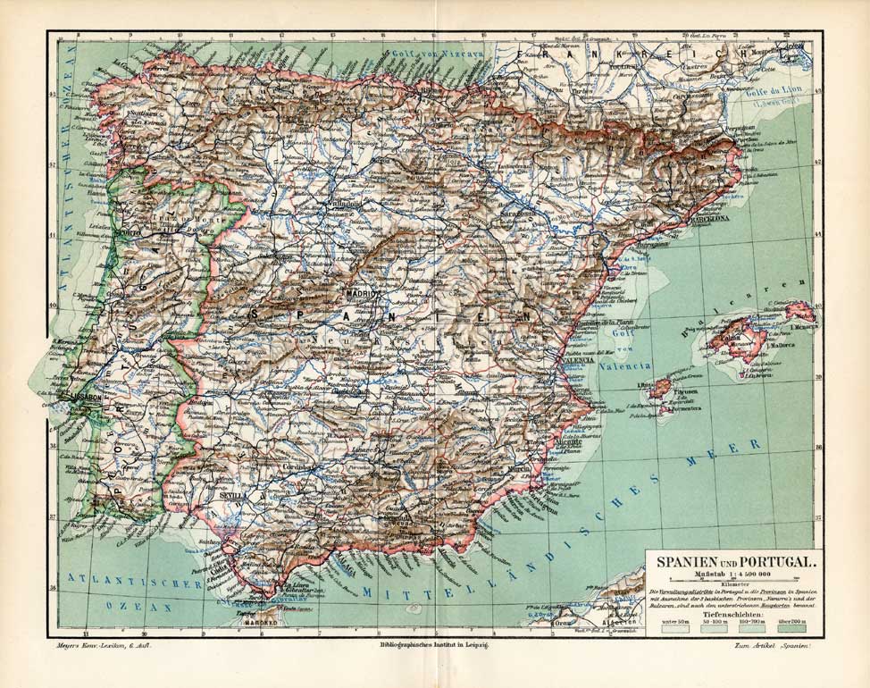 Bb06300 416x329 Antique Map-SPAIN-PORTUGAL-MALLORCA-EUROPA-Meyers-1895