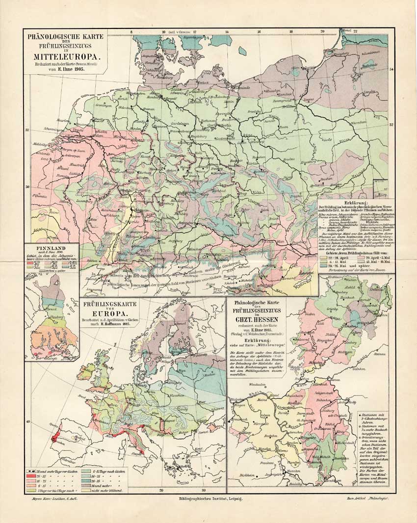 Bb06310 416x522 Antique Map-CENTRAL EUROPE-PHENOLOGY-SPRING-PLANTS-Meyers-1895