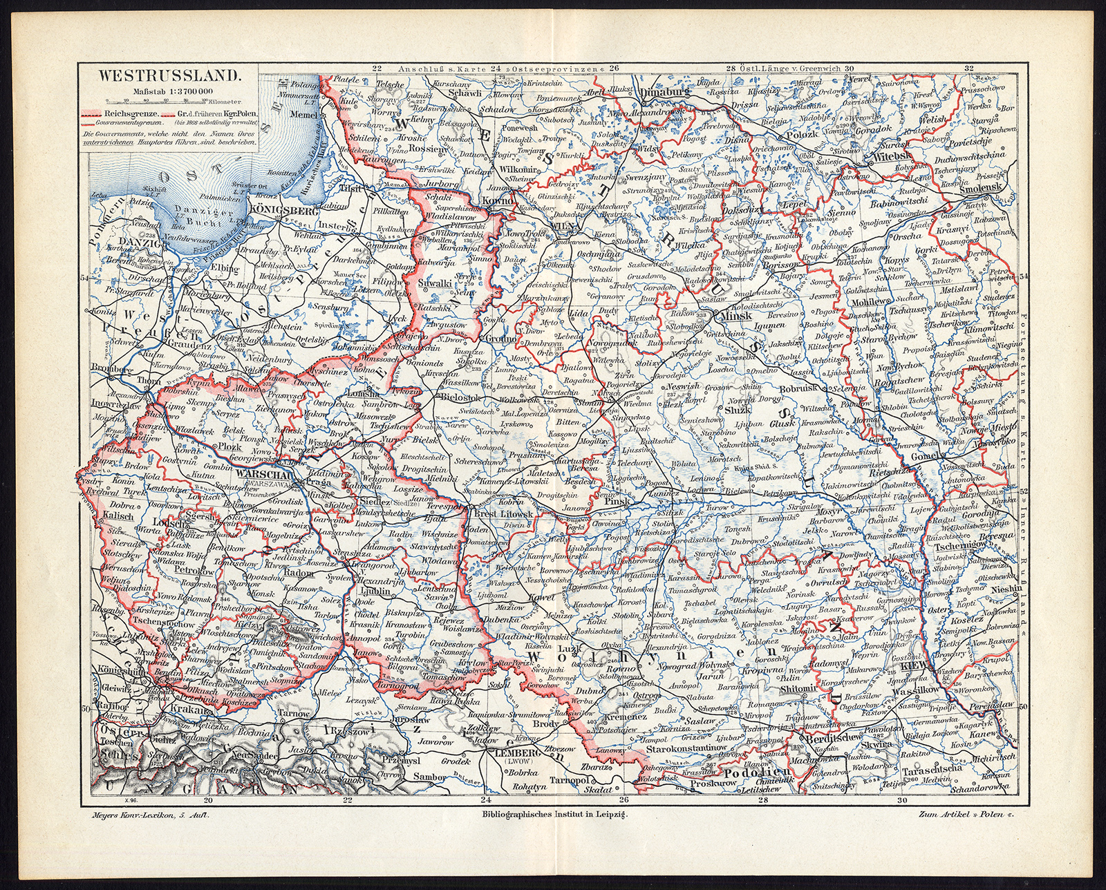, Antique Map-WEST RUSSIA-POLAND-PRUSSIA-Meyers-1895, Pictura Antique Prints