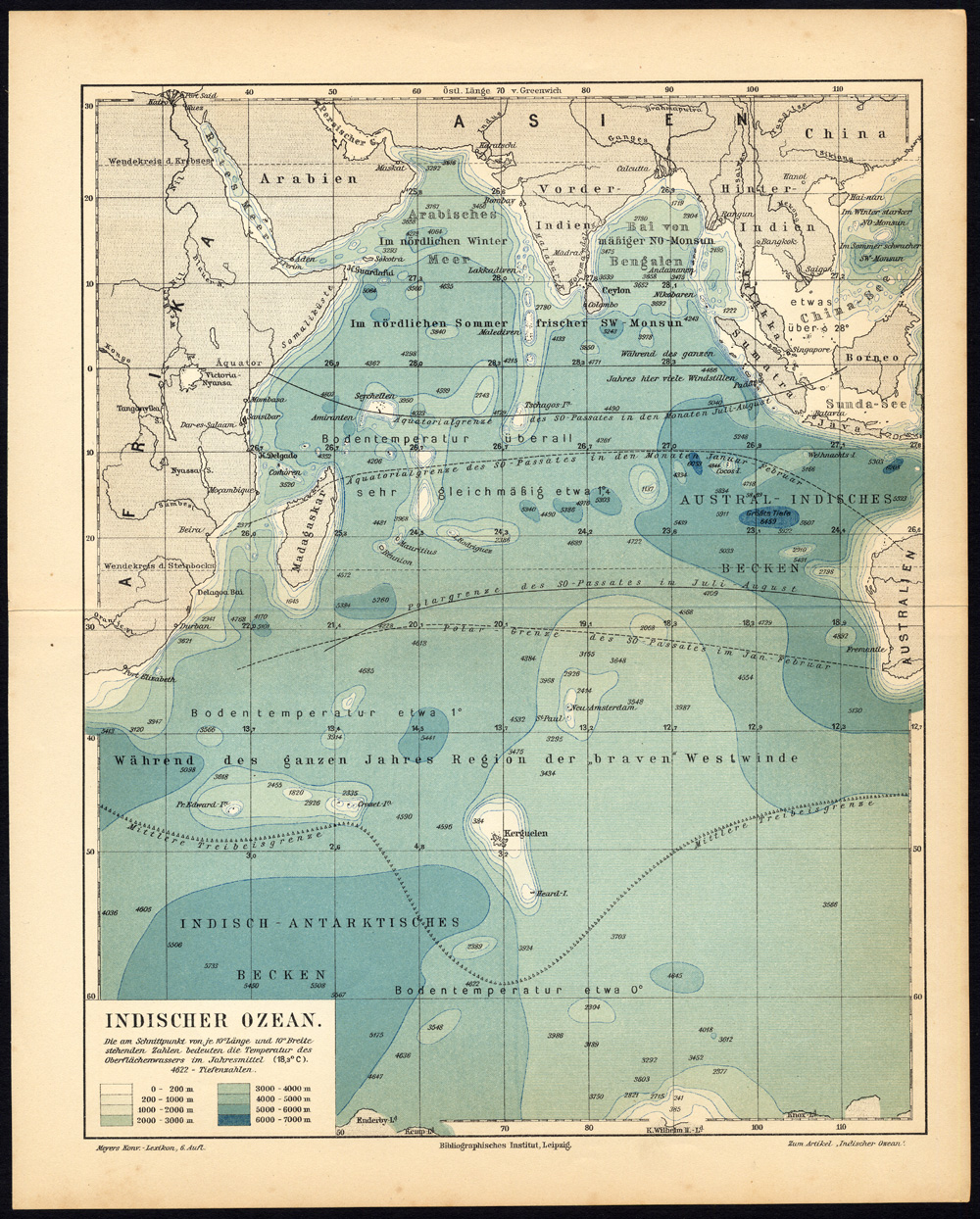 , Antique Map-INDIAN OCEAN-MADAGASCAR-Meyers-1895, Pictura Antique Prints