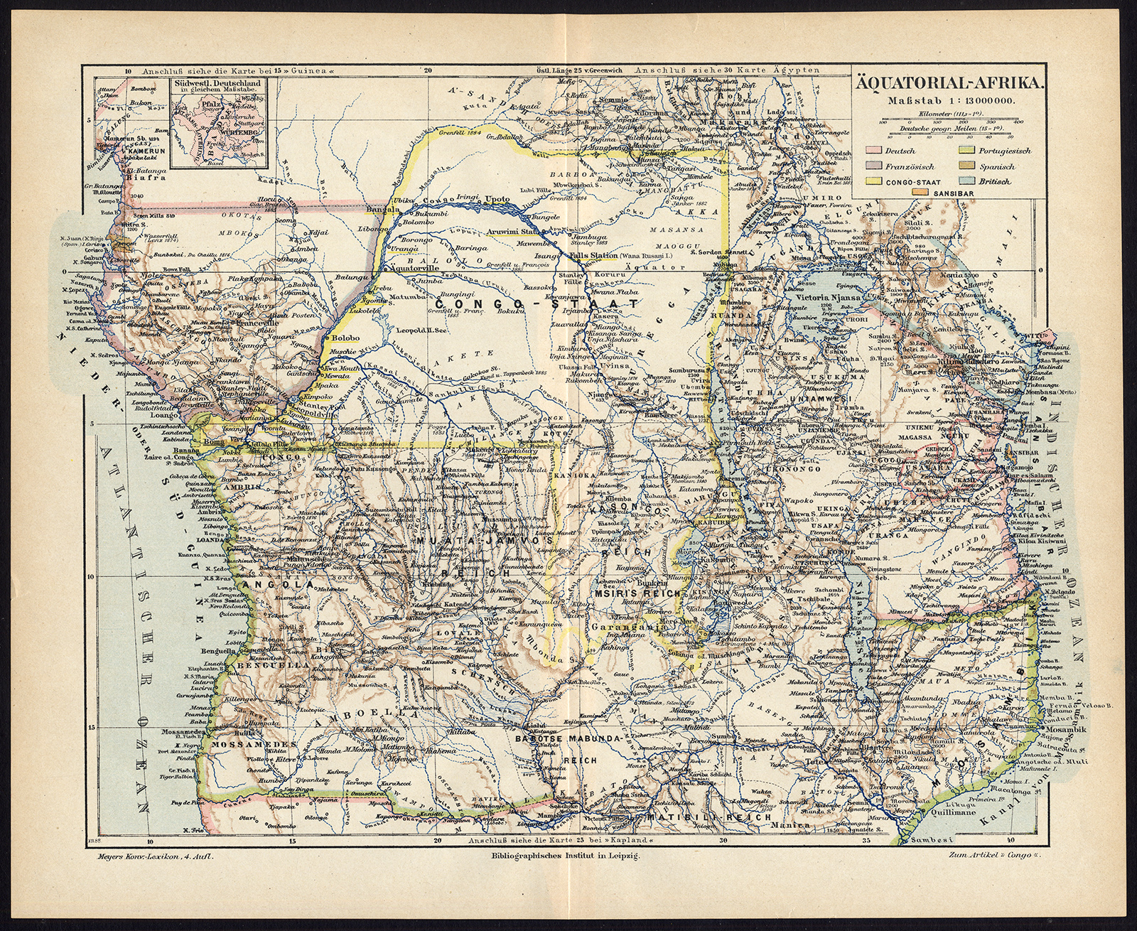 , Antique Map-CENTRAL AFRICA-ANGOLA-MOZAMBIQUE-KONGO-UGANDA-Meyers-1893, Pictura Antique Prints