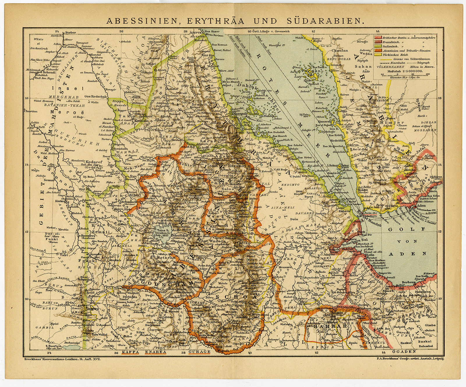 , Antique Map-AFRICA-ARABIA-ERITREA-ETHIOPIA-Brockhaus-1894, Pictura Antique Prints
