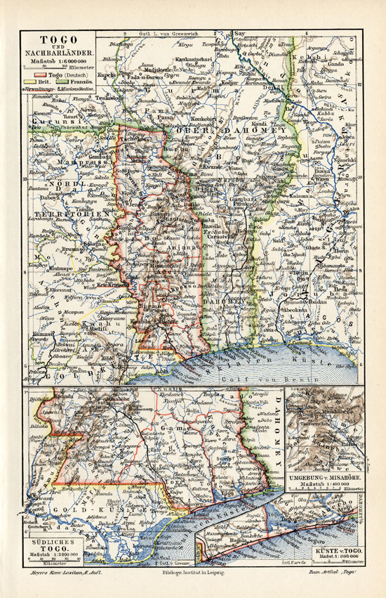 , Antique Map-CAMEROON-TOGO-DAHOMEY-NIGERIA-Meyers-1895, Pictura Antique Prints