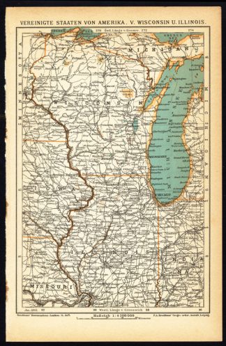 Antique Map-AMERICA-USA-WISCONSIN-ILLINOIS-Meyers-1895