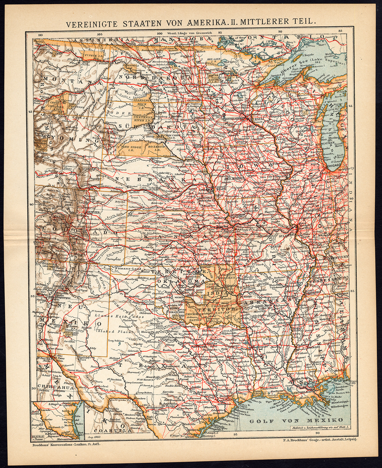 , Antique Map-NORTH AMERICA-TEXAS-USA-KANSAS-Brockhaus-1893, Pictura Antique Prints