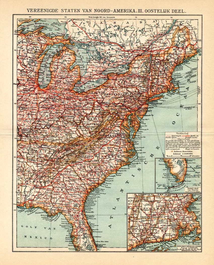 , Antique Map-NORTH AMERICA-USA-FLORIDA-MAINE-Meyers-1895, Pictura Antique Prints