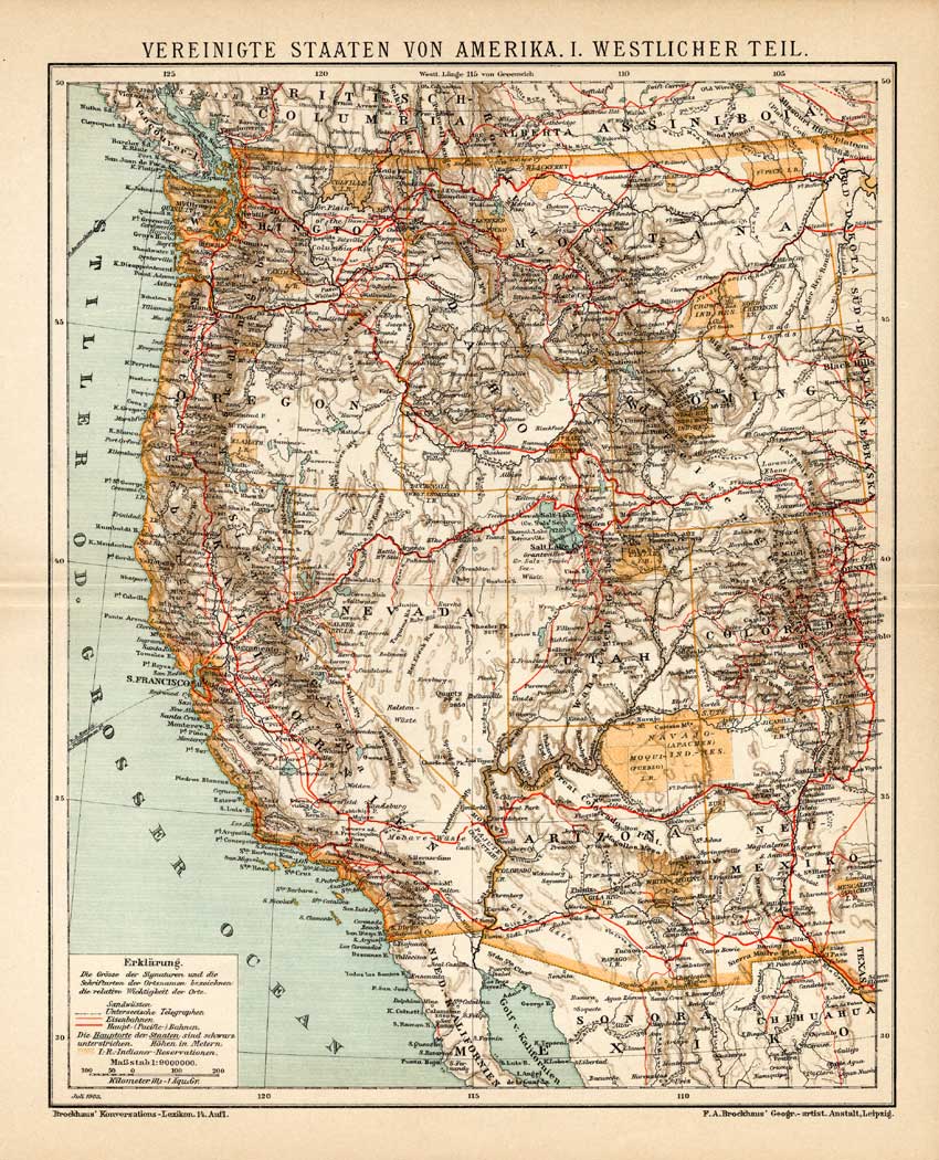 , Antique Map-NORTH AMERICA-USA-CALIFORNIA-Meyers-1895, Pictura Antique Prints