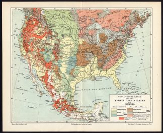Antique Map-NORTH AMERICA-USA-CANADA-MEXICO-GEOLOGY-Meyers-1893