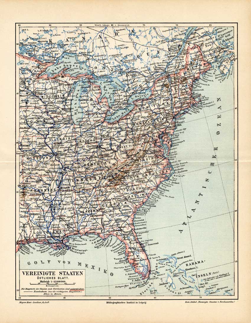 , Antique Map-USA-FLORIDA-NEW YORK-MAINE-Meyers-1895, Pictura Antique Prints
