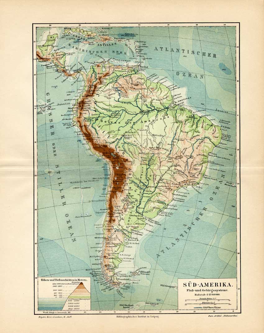 , Antique Map-SOUTH AMERICA-RIVER-MOUNTAIN-Meyers-1895, Pictura Antique Prints