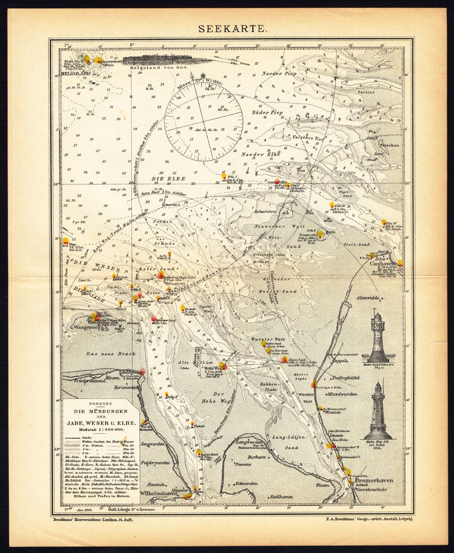 , Antique Map-SEA CHART-NORTH SEA-ESTUARY-Meyers-1895, Pictura Antique Prints