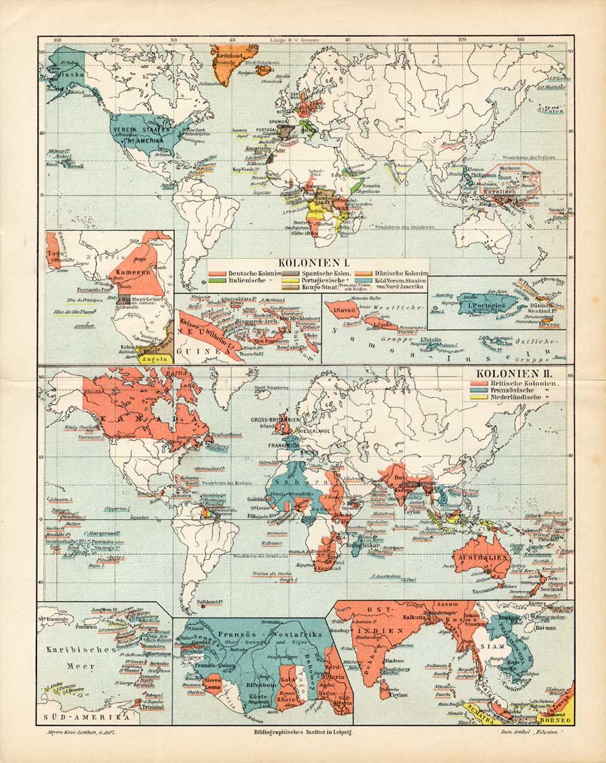 , Antique Map-WORLD MAP-COLONIES-COLONY-DUTCH-GERMAN-ENGLISH-ITALIAN-Meyers-1895, Pictura Antique Prints
