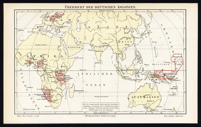 , Antique Map-GERMAN COLONIES-COLONY-GERMANY-Meyers-1895, Pictura Antique Prints