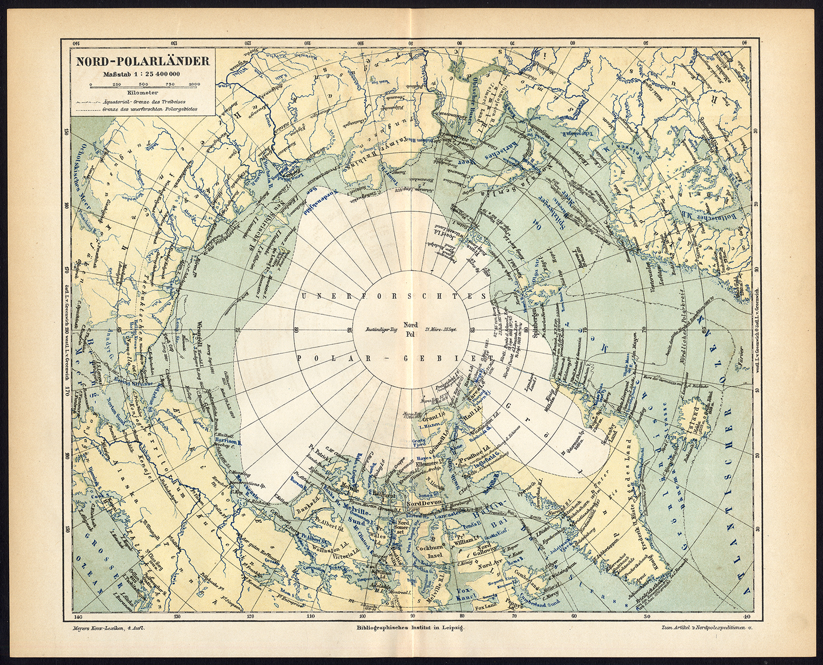 , Antique Map-NORTH POLE COUNTRIES-GREENLAND-Meyers-1895, Pictura Antique Prints