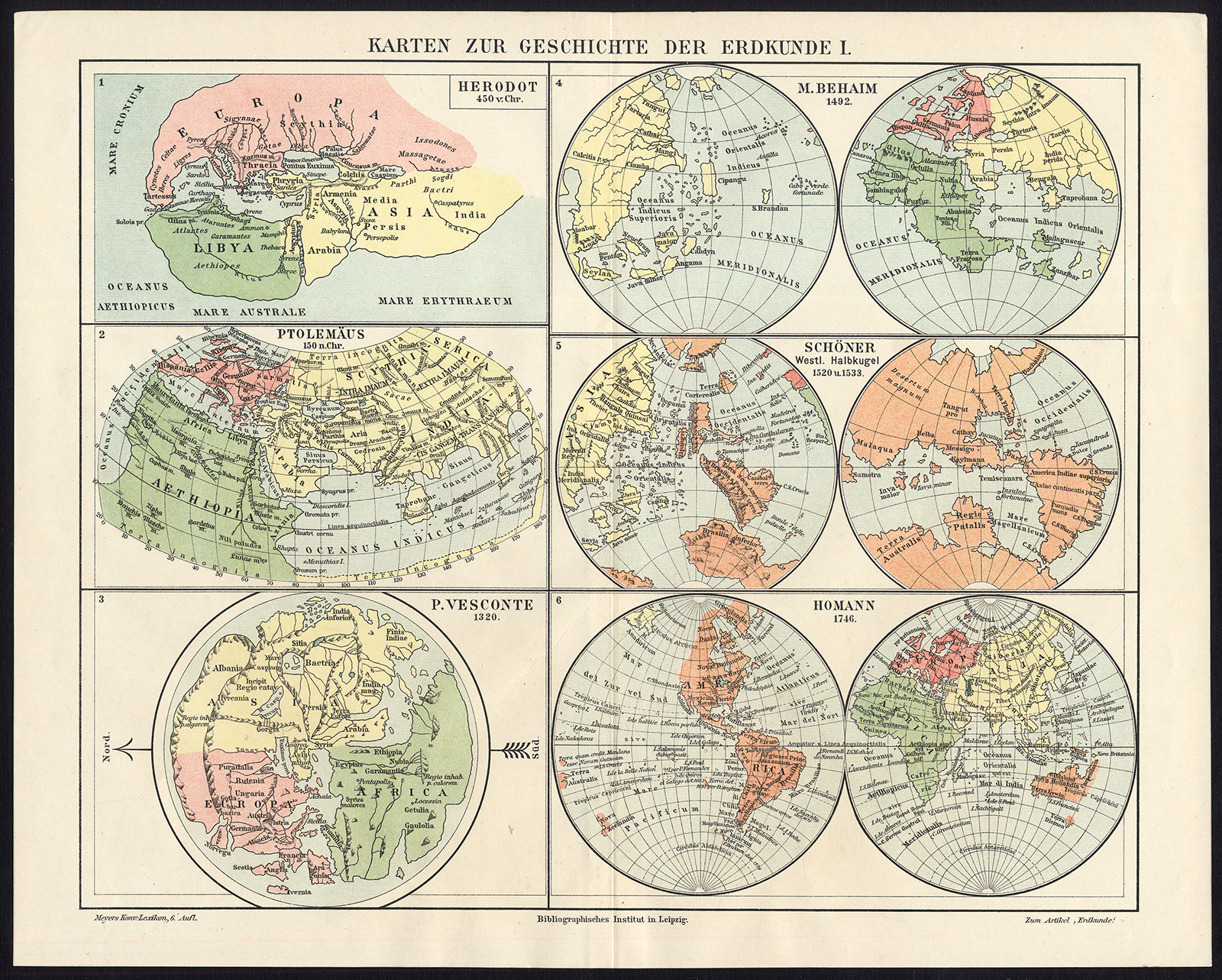 , Antique Map-MAPS-MAP MAKING-PTOLEMY-HOMANN-Meyers-1895, Pictura Antique Prints