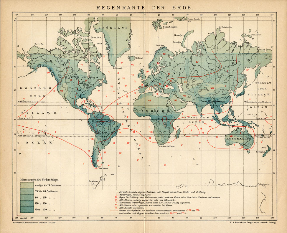 , Antique Map-PRECIPITATION-WORLD MAP-Meyers-1895, Pictura Antique Prints