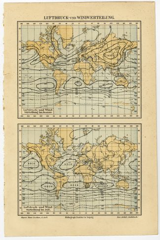 Antique Map-ATMOSPHERIC PRESSURE-WORLD MAP-Meyers-1895