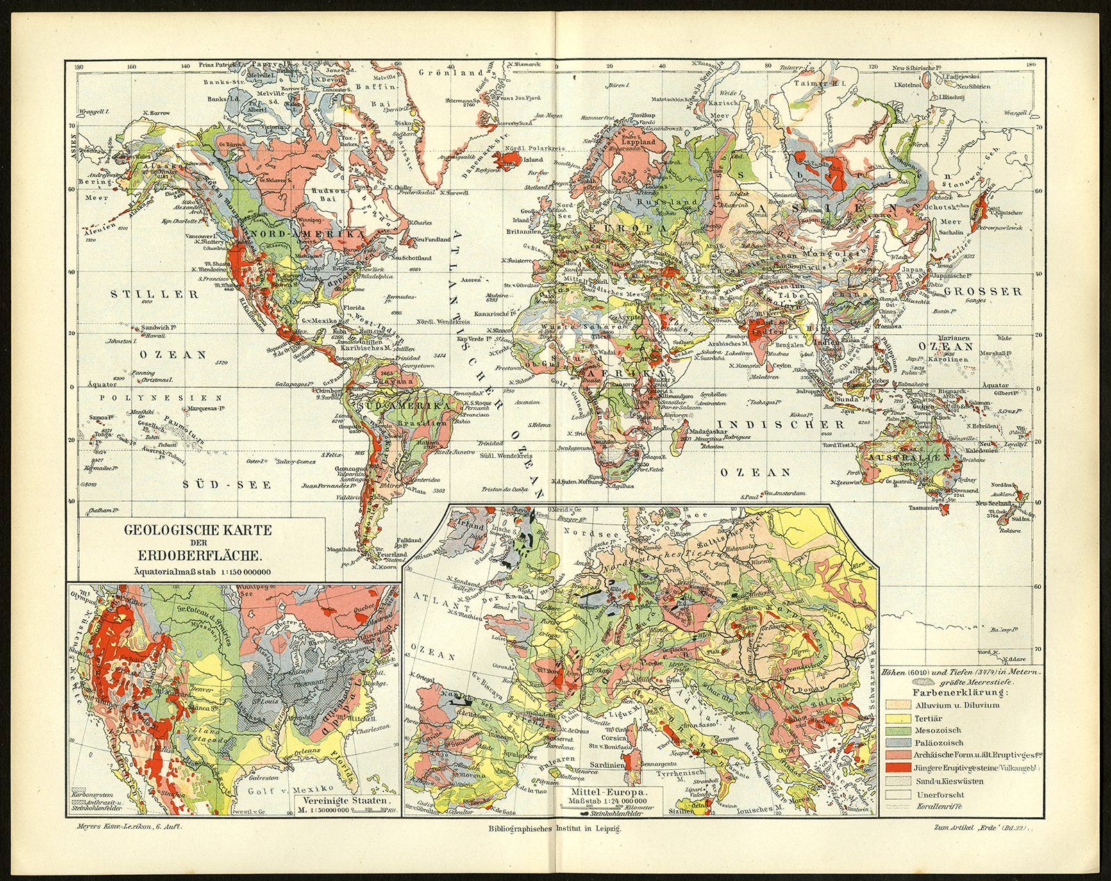 , Antique Map-WORLD MAP-GEOLOGY-Meyers-1902, Pictura Antique Prints
