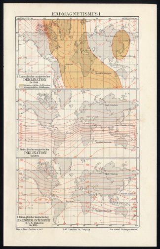 Antique Map-WORLD MAP-INCLINATION-DECLINATION-MAGNETISM-Meyers-1902