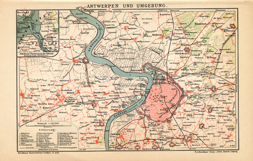 , Antique Plan-ANTWERP-ANVERS-SURROUNDING-REGION-BELGIUM-Meyers-1895, Pictura Antique Prints