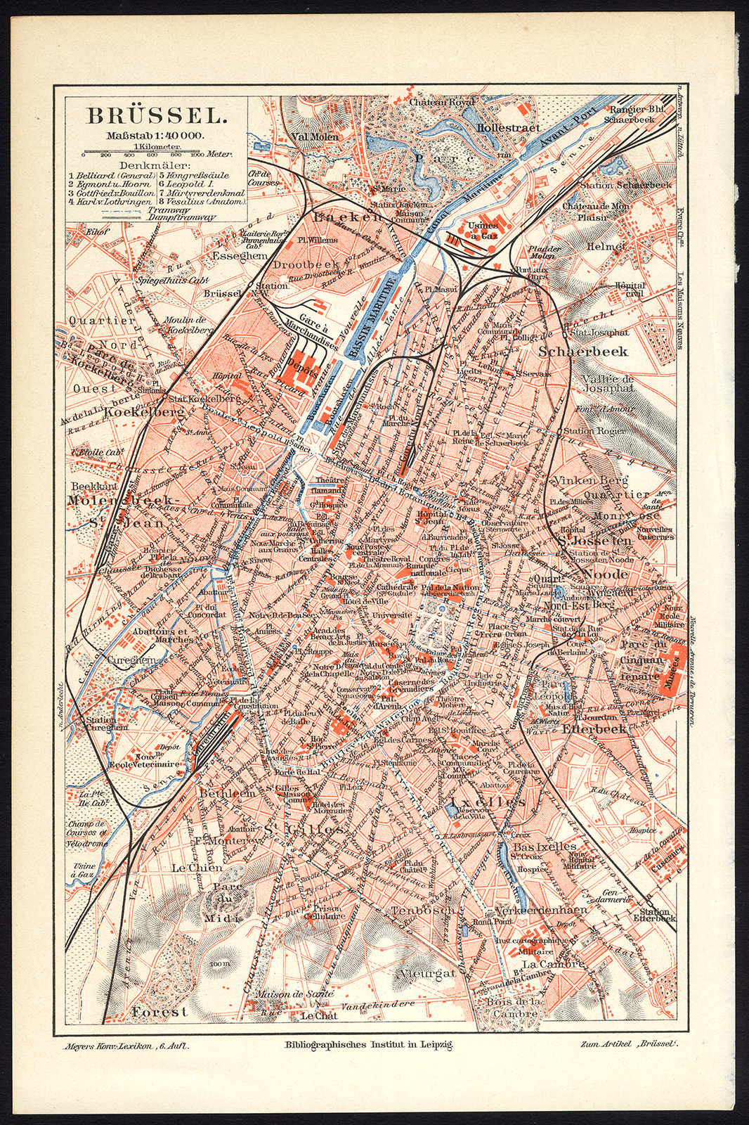 , Antique Plan-BRUSSELS-BRUXELLES-BELGIUM-Meyers-1895, Pictura Antique Prints