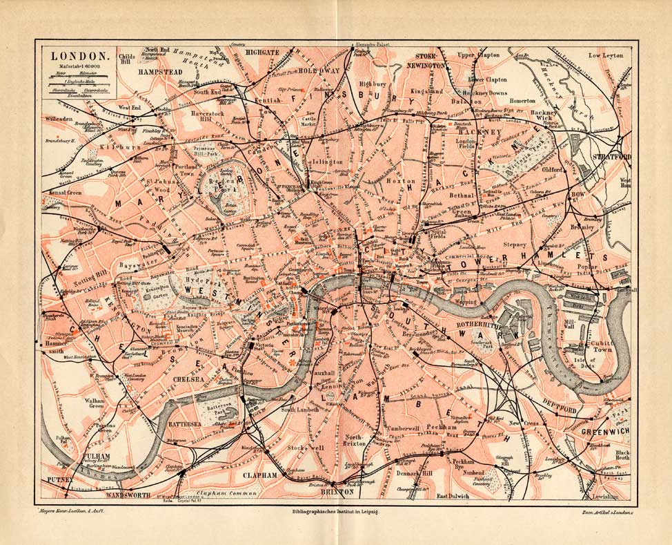 , Antique Plan-LONDON-ENGLAND-GREAT BRITAIN-Meyers-1895, Pictura Antique Prints