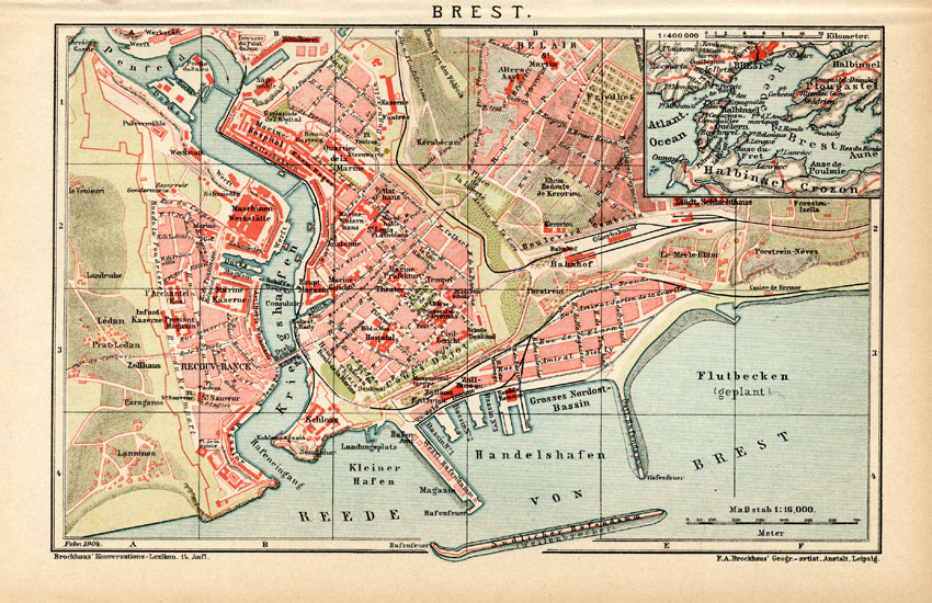 , Antique Plan-BREST-FRANCE-BRITTANY-Meyers-1895, Pictura Antique Prints