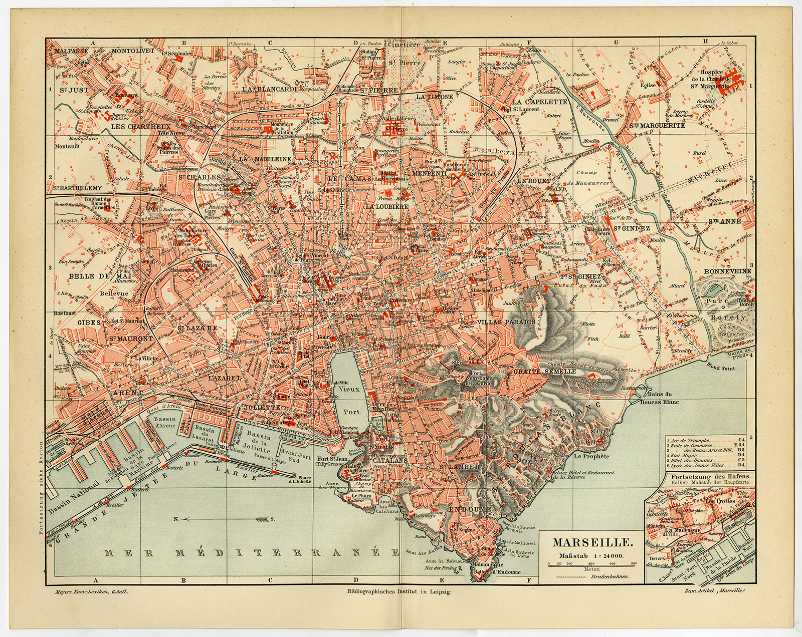 Bb06564 2 416x331 Antique Plan-MARSEILLE-WITH INSERT OF HARBOUR-FRANCE-Meyers-1895