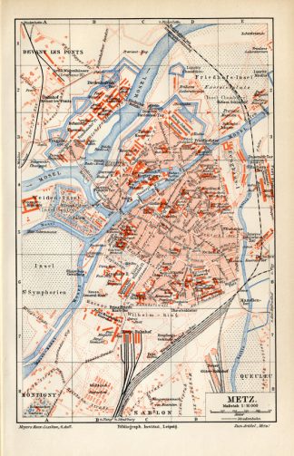 Antique Plan-METZ-CITY PLAN-MOSEL-FRANCE-Meyers-1895