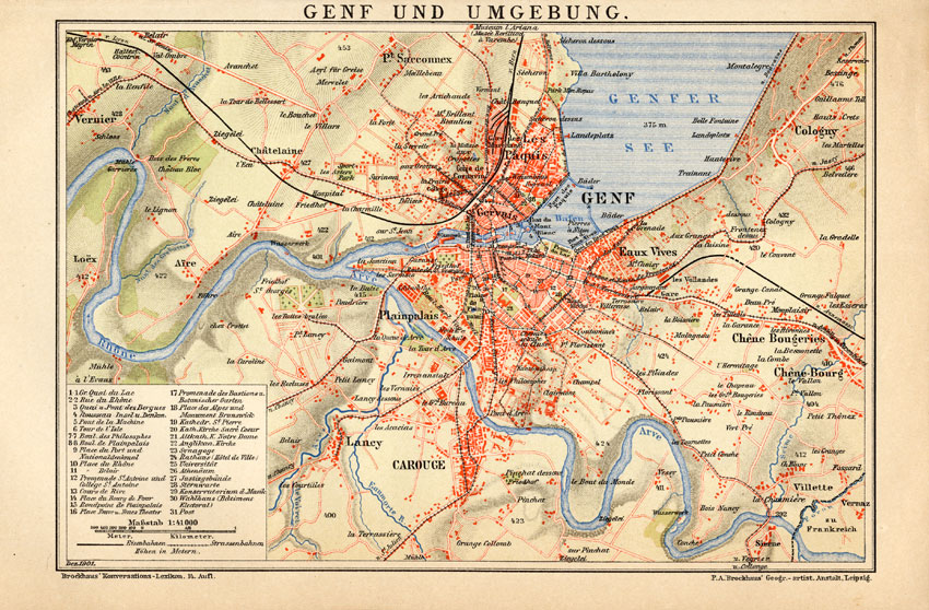, Antique Plan-GENEVE-GENEVA-SURROUNDING-REGION-SWITZERLAND-Meyers-1895, Pictura Antique Prints