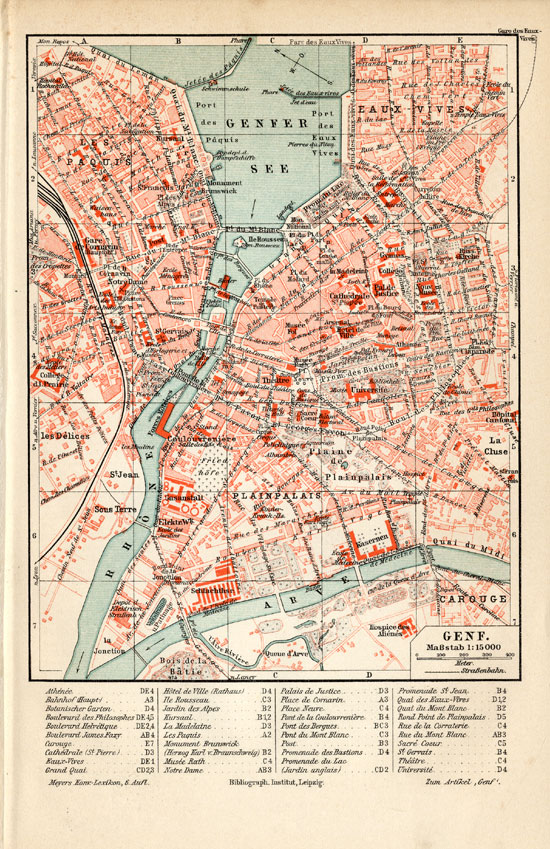 , Antique Plan-GENEVE-GENEVA-GENF-SWITZERLAND-Meyers-1895, Pictura Antique Prints