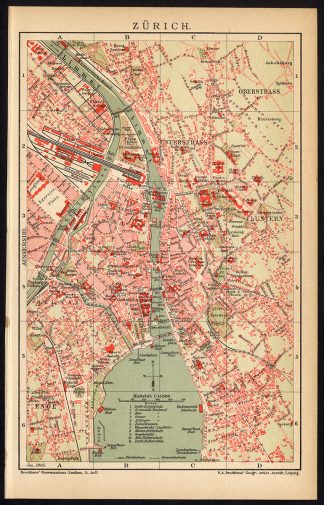 Antique Plan-ZURICH-SWITZERLAND-Brockhaus-1895