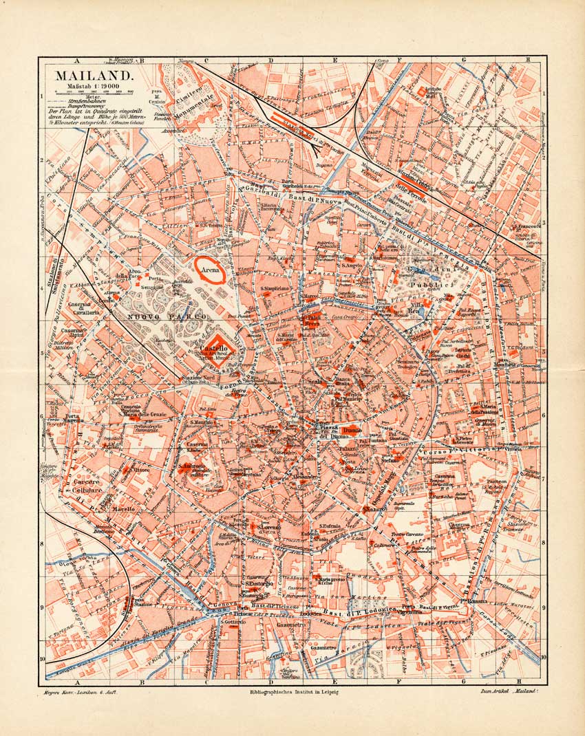 , Antique Plan-MILAN-MILANO-ITALY-Meyers-1895, Pictura Antique Prints