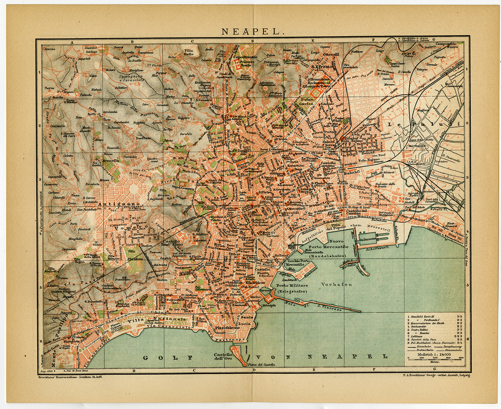 , Antique Plan-NAPLES-NAPOLI-ITALY-BAY-Brockhaus-1893, Pictura Antique Prints