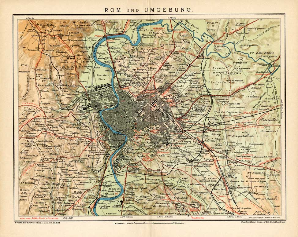 , Antique Plan-ROME-ROMA-ITALY-Meyers-1895, Pictura Antique Prints