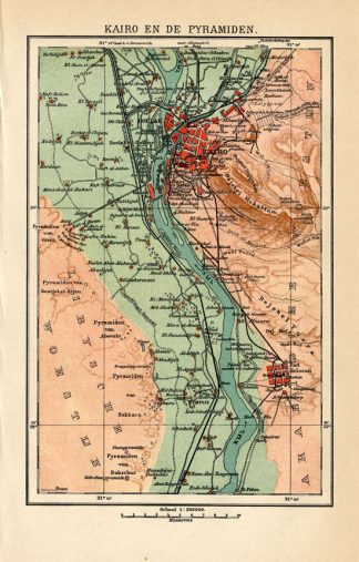 Antique Plan-CAIRO-EGYPT-NILE-PYRAMIDS-Oosthoek-1895