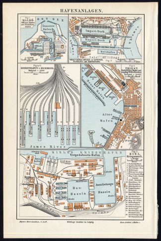 Antique Plan-SEA PORT-LONDON-KIEL-TRIESTE-Meyers-1895