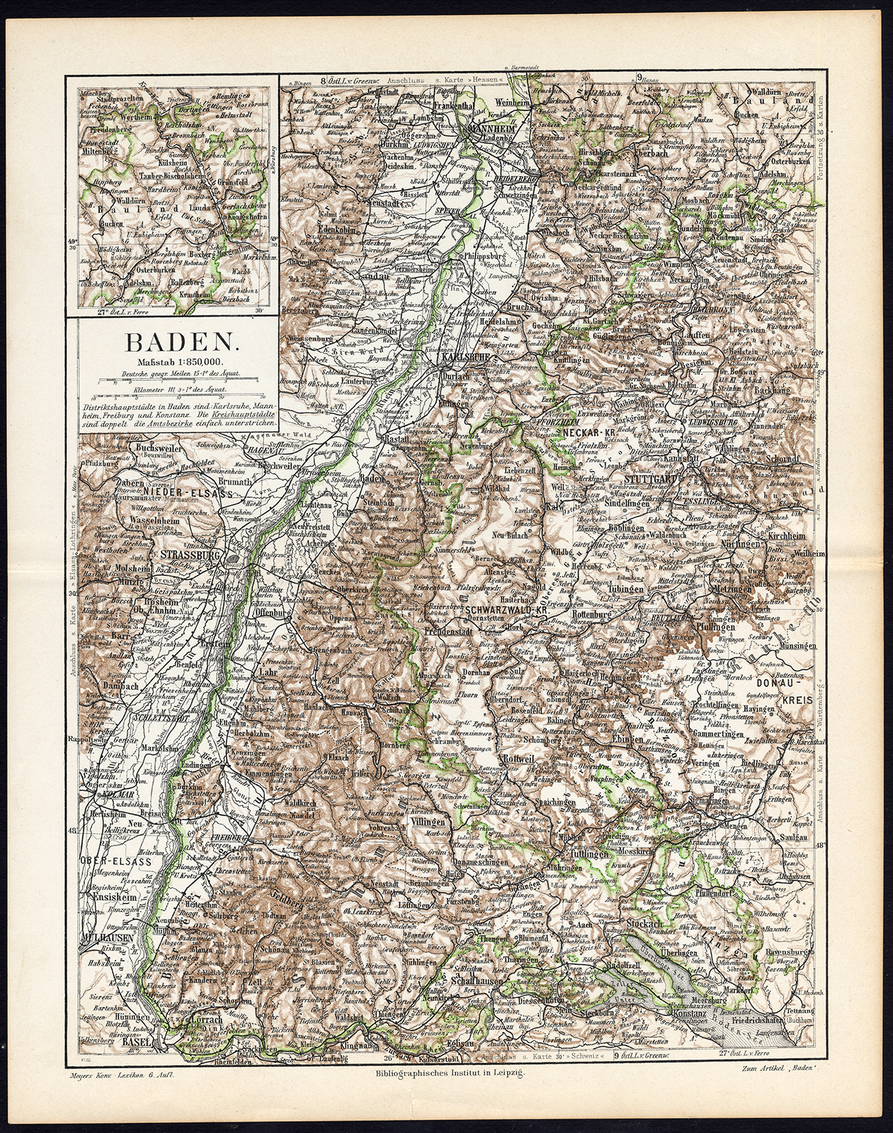 , Antique Map-BADEN WURTTEMBERG-BAULAND-STRASSBURG-GERMANY-Meyers-1902, Pictura Antique Prints
