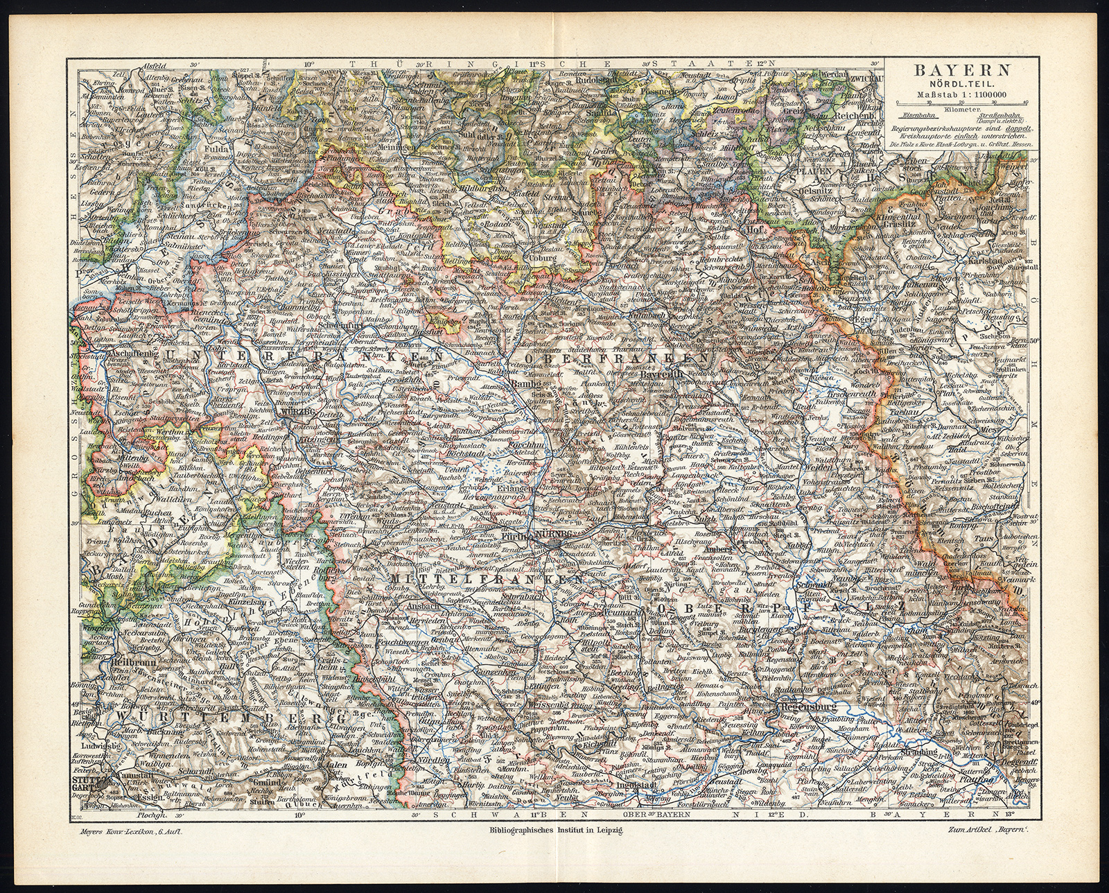 , Antique Map-NORTH BAVARIA-BAYERN-GERMANY-Meyers-1902, Pictura Antique Prints
