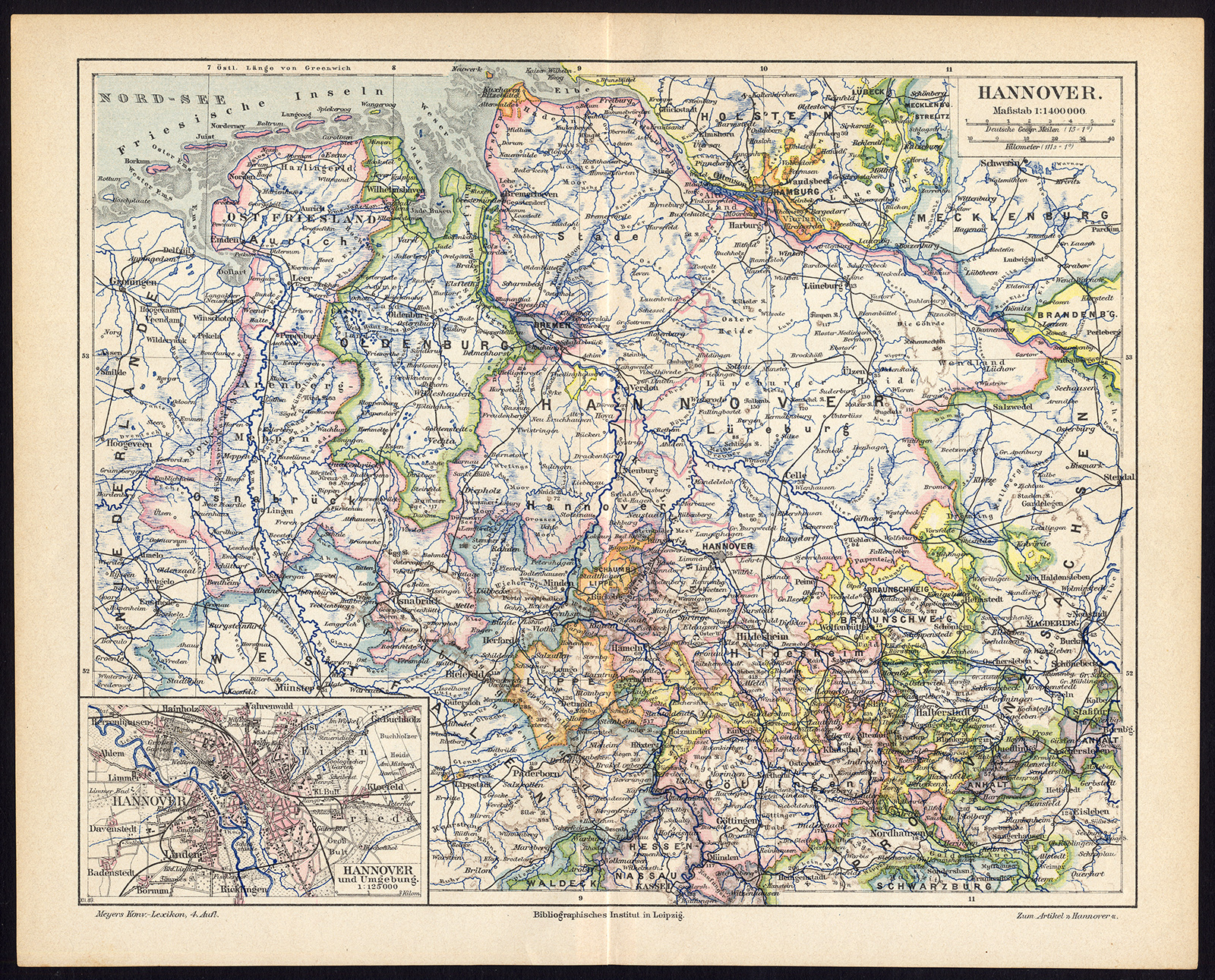 , Antique Map-HANNOVER-GERMANY-Meyers-4th-1885, Pictura Antique Prints