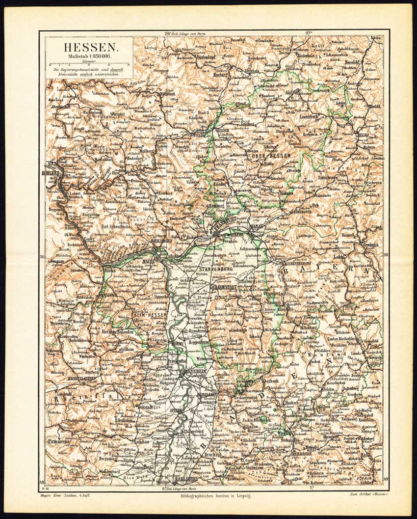, Antique Map-HESSEN-GERMANY-Meyers-1895, Pictura Antique Prints