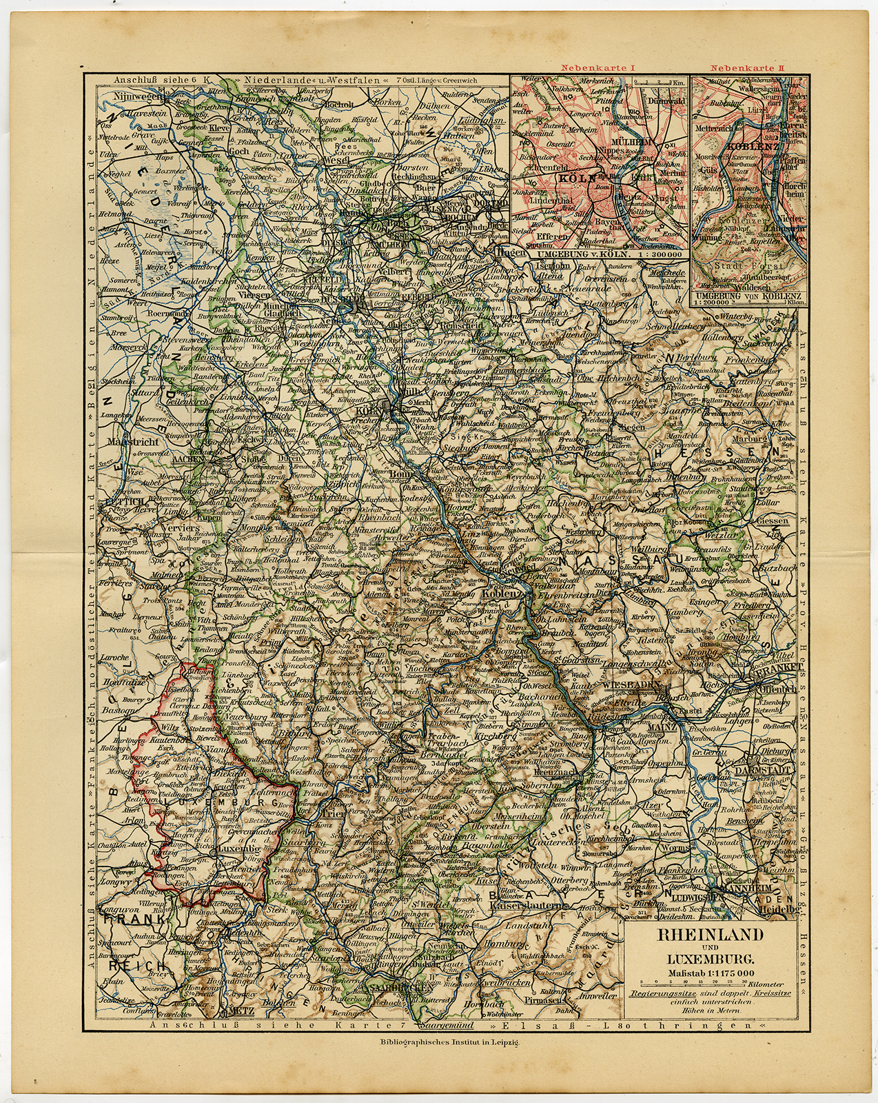 , Antique Map-RHINELAND-GERMANY-LUXEMBOURG-Meyers-1895, Pictura Antique Prints