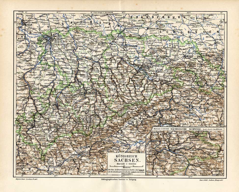, Antique Map-SAXONY-SACHSEN-GERMANY-Meyers-1895, Pictura Antique Prints