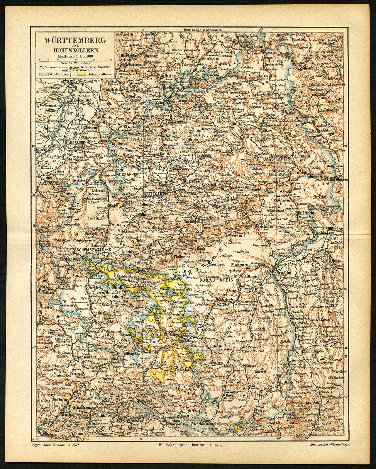 , Antique Map-WURTTEMBERG-GERMANY-Meyers-1895, Pictura Antique Prints