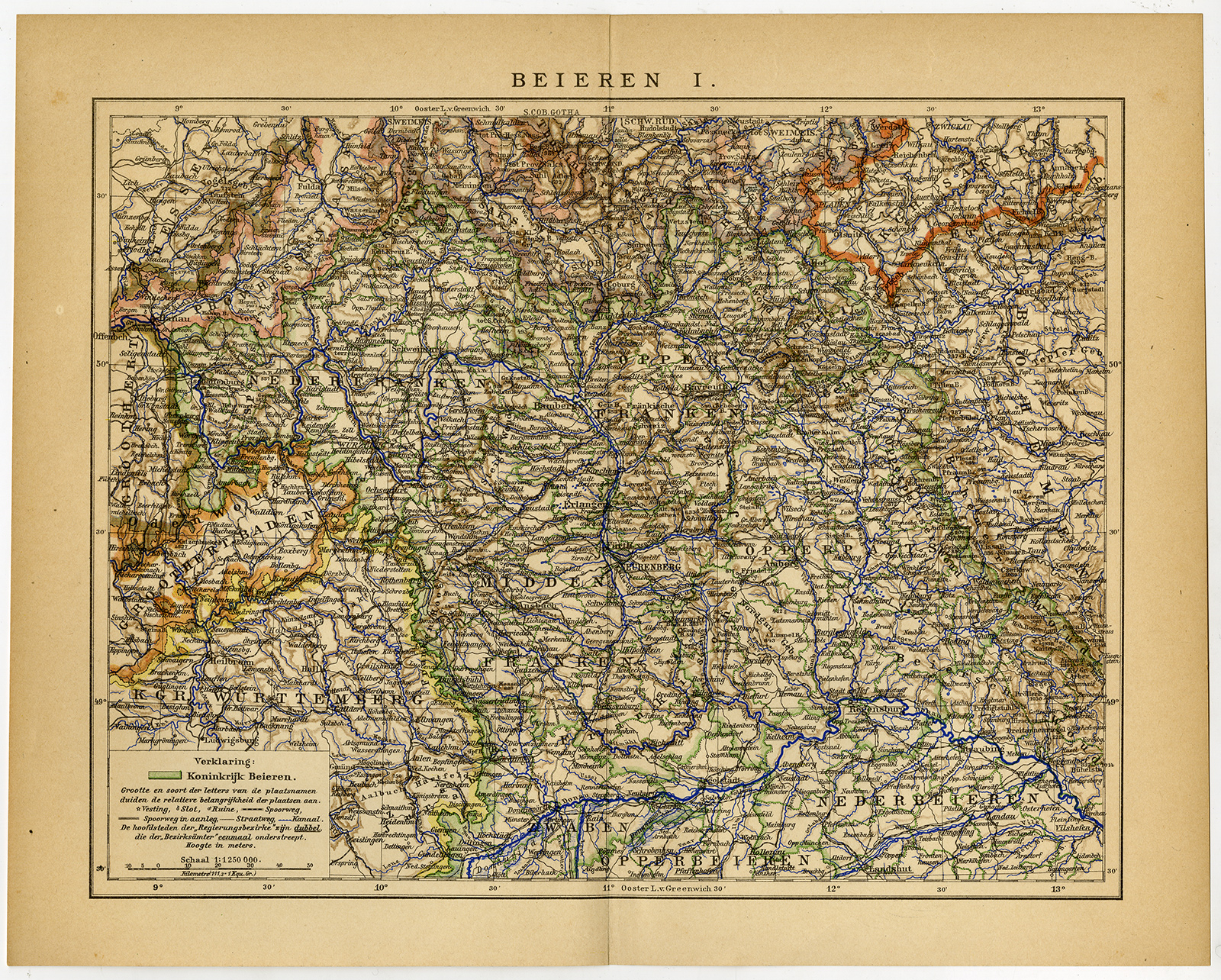 , Antique Map-BAVARIA-BAYERN-GERMANY-BAYREUTH-REGENSBURG-NURNBERG-Winkler Prins-19, Pictura Antique Prints